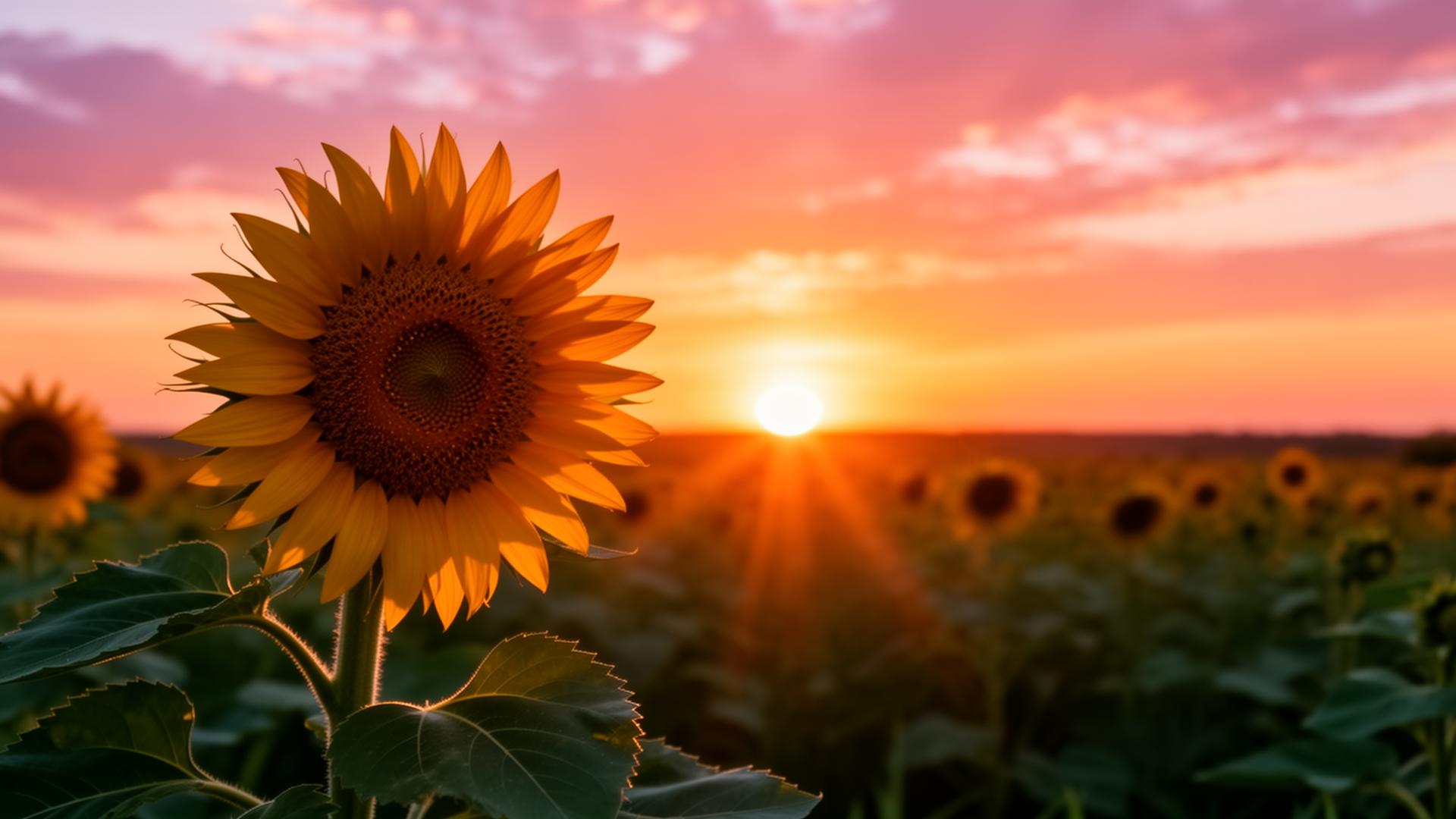 Girassol em campo voltado para o pôr do sol, com céu alaranjado